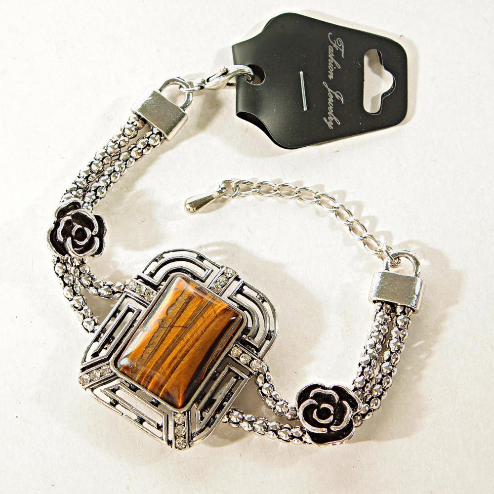 

Браслет светлый метал - бусины, розы Тигровый Глаз - прямоугольный 25 мм, ida2447