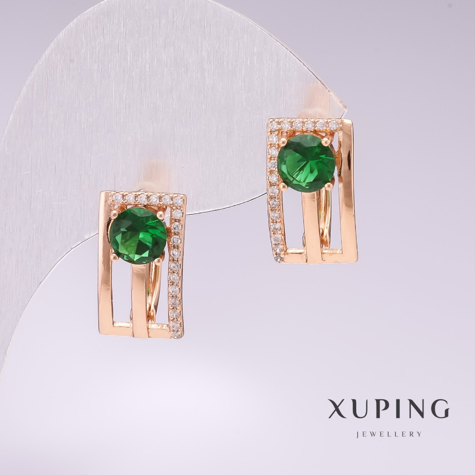 

Серьги Xuping позолота 18к с зелеными камнями и белыми стразами 16х9мм, ida30921