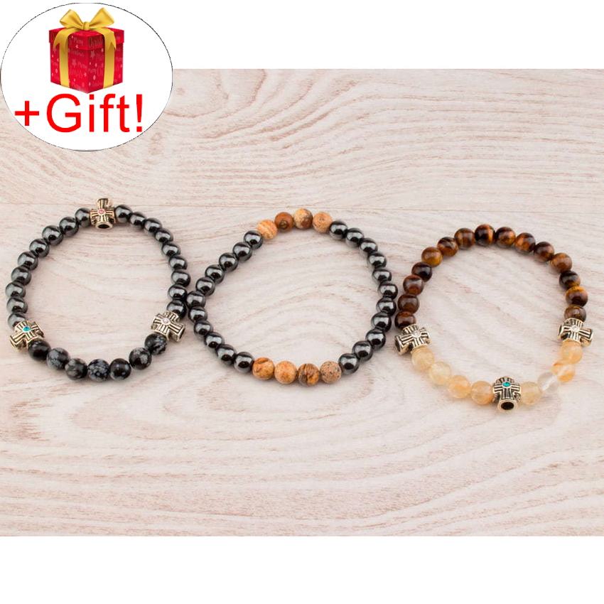 

Набор - 3 браслета, агат натуральный, гематит натуральный, обсидиан натуральный, тигровый глаз натуральный и цитрин натуральный (8 мм), размер 18 см, julB0713