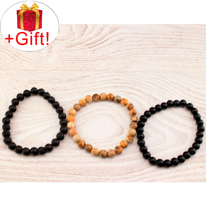 

Набор - 3 браслета, агат натуральный, лава натуральная и шунгит натуральный (8 мм), размер 18 см, julB0718