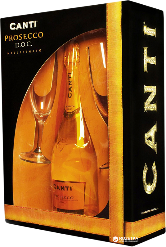 Акція на Вино игристое Canti Prosecco Millesimato белое экстра-сухое 0.75 л 11% + 2 бокала в подарочной упаковке (8005415050703) від Rozetka UA