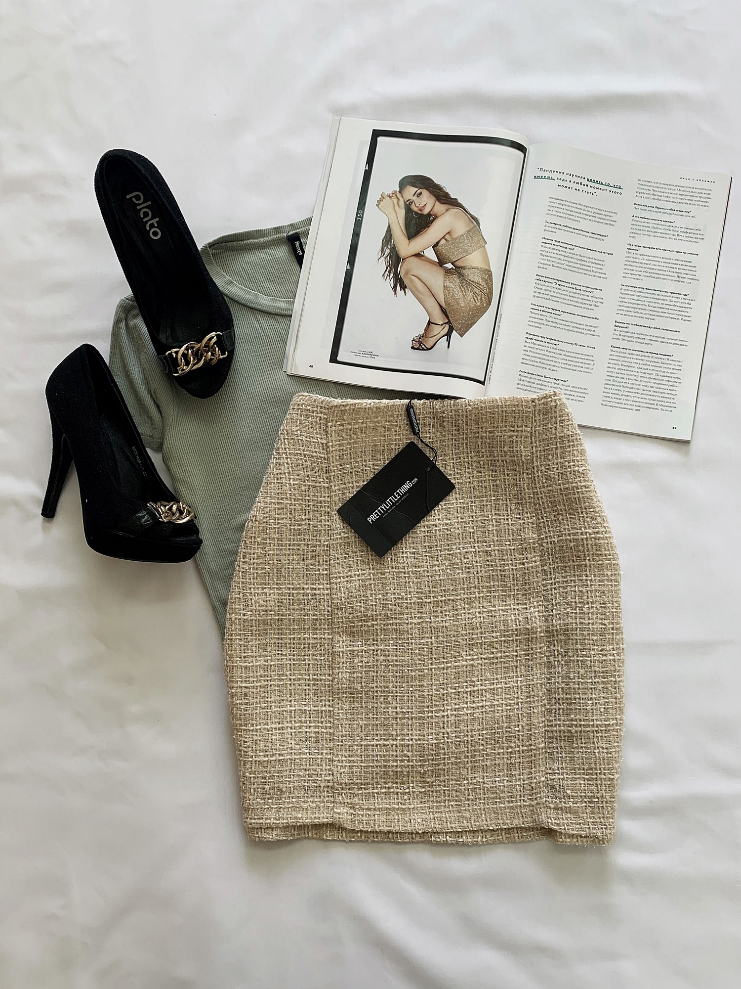 

​Твидовая юбка PrettyLittleThing 12 uk бежевого цвета