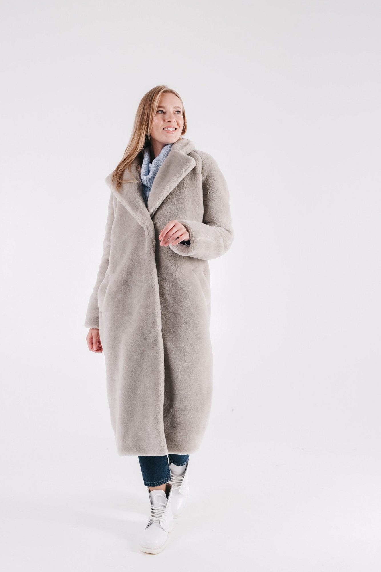 

Шуба с овечьей шерсти Sheep brand Naomi 120см размер  с воротником, серый, Шуба с овечьей шерсти Sheep brand Naomi 120см размер S с воротником, серый
