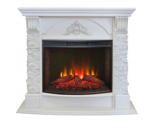 

Фронтальный каминокомплект Fireplace Куршевель Белый дуб эффект мерцающих дров со звуком и обогревом