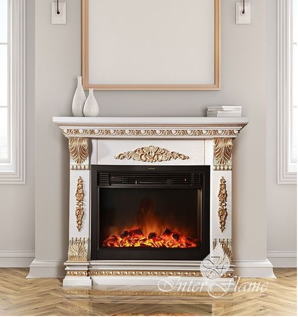 

Пристенный камин Fireplace Сандро Белый + Патина эффект живого пламени со звуком и обогревом