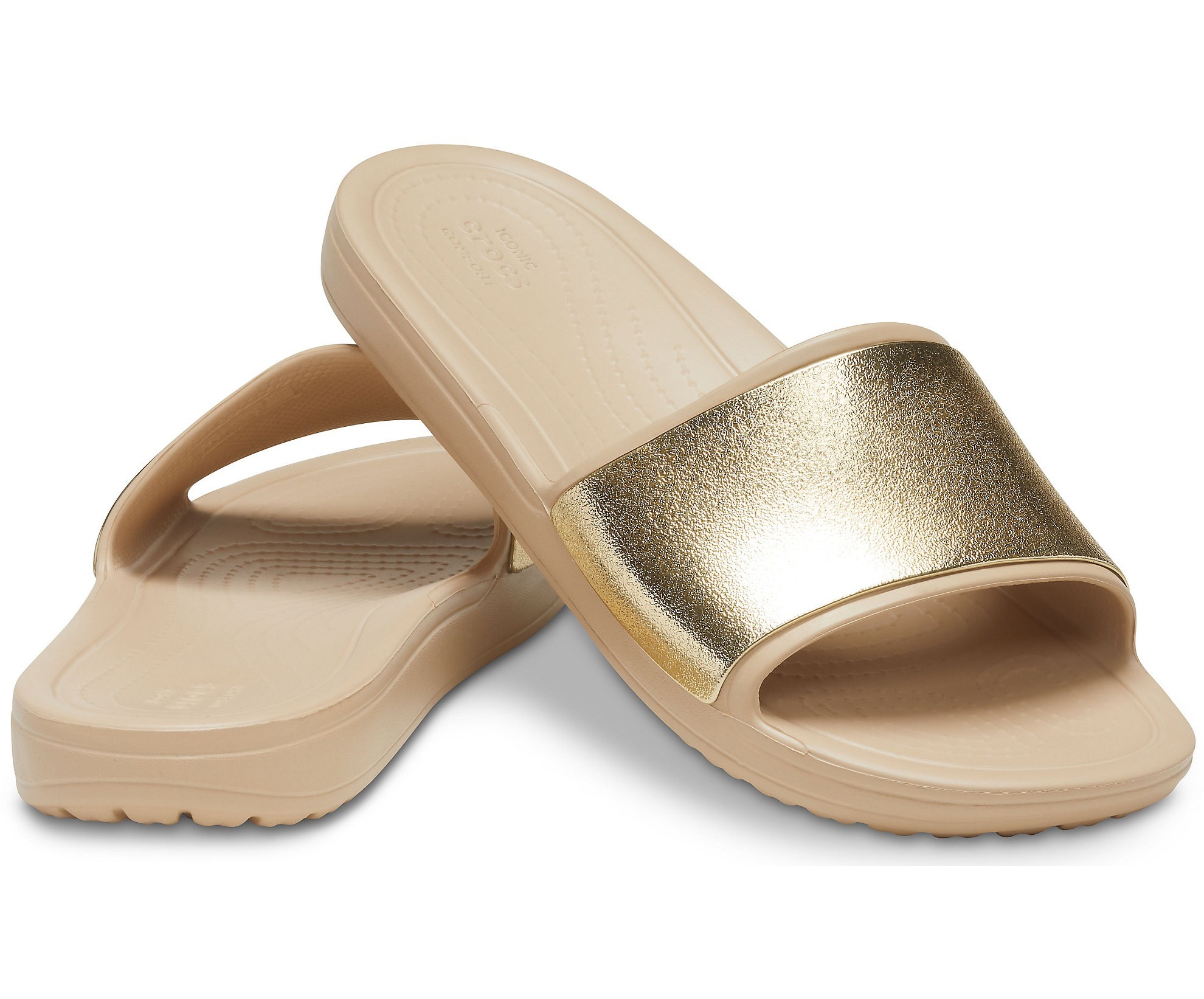 

Шлепки Crocs Sloane Shine Low Slide W8 бежевые с золотом, 38-39