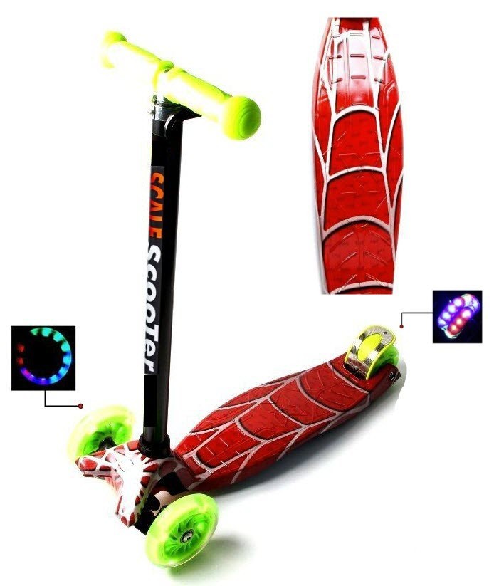 

Самокат детский трехколесный MAXI Scale Scooter Red web Красный Паутина Светящиеся колеса Салатовые Съемный руль от 3 до 7 лет