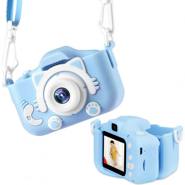 

Детский цифровой фотоаппарат Smart Kids Kitty с 2 дюймовым экраном в силиконовом чехле Кошечка с встроенными играми Голубой