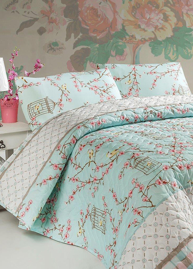 

Покрывало стеганное с наволочками Eponj Home - Birdcage бирюзовое 200*220