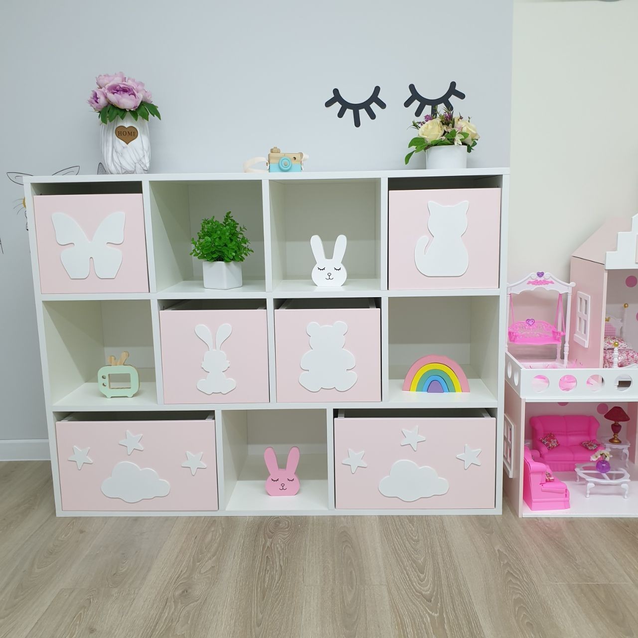 

Стеллаж для игрушек Scandic Kid 6 ящиков 11 ячеек Цвет белый и розовый