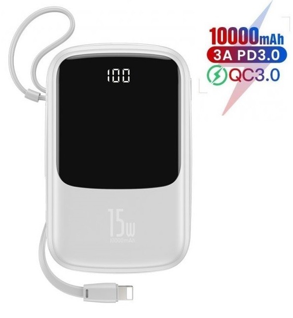 

Павербанк Baseus 15W Q Pow Display Fast Charge 10000mAh + кабель Lightning для iPhone/iPad/Samsung/Xiaomi/Huawei white