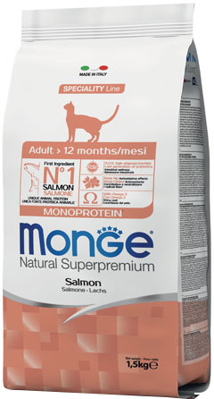 

Сухой корм для взрослых котов всех пород Monge Cat Monoprotein Adult Salmone 1.5 кг