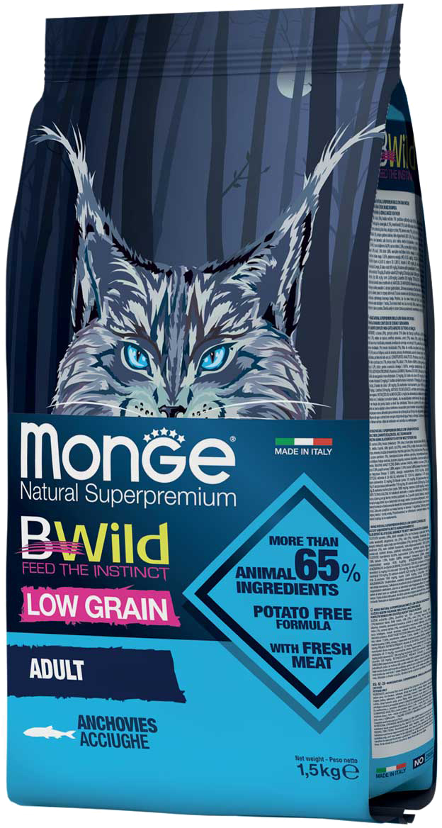 

Сухой корм для кошек Monge Cat Bwild Low Grain с анчоусом 1.5 кг