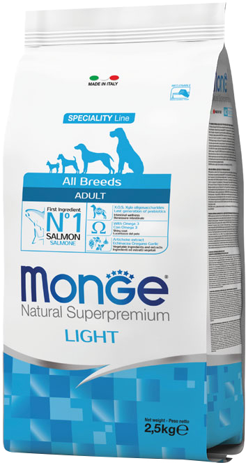 

Сухой корм Monge Dog Breeder Adult Light sal/tuna со вкусом рыбы 2.5 кг