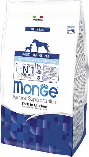 

Сухой корм Monge Medium + Starter canine со вкусом курицы с рисом 1.5 кг
