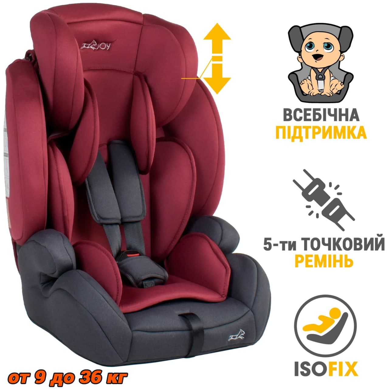 

Детское автокресло в машину JOY с системой ISOFIX - универсальное улучшенное кресло для ребенка с фиксацией безопасности, быстросъемным чехлом - от 9 до 36 кг Красный с серым