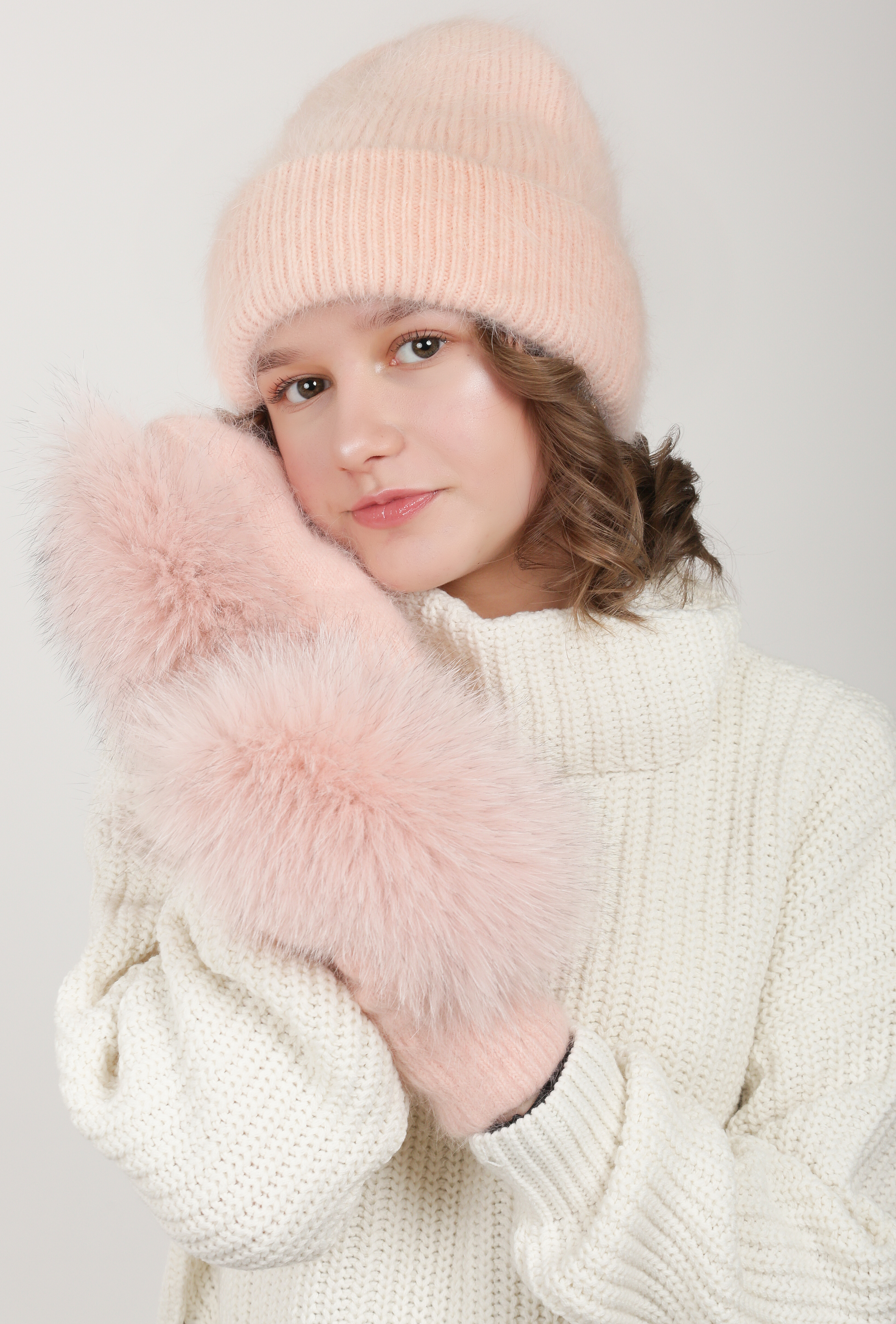 

Зимняя шапка + варежки Anmerino Angel 54-56 см Нежно-персиковая