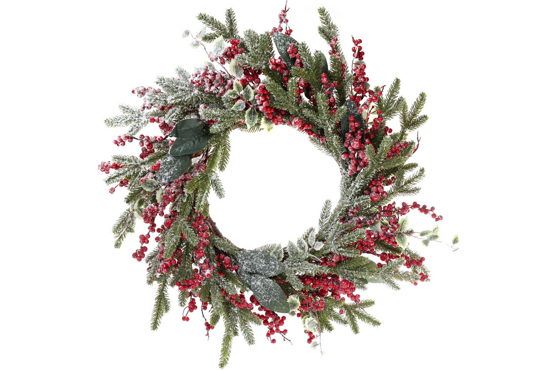 

Новогодний венок из заснеженной хвои с декором из ягод и листьев 60см BonaDi 734-500