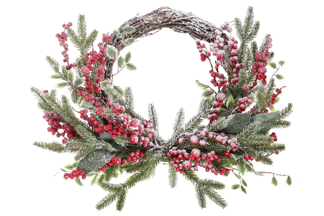 

Новогодний венок из заснеженной хвои с декором из ягод и листьев 45см BonaDi 734-501