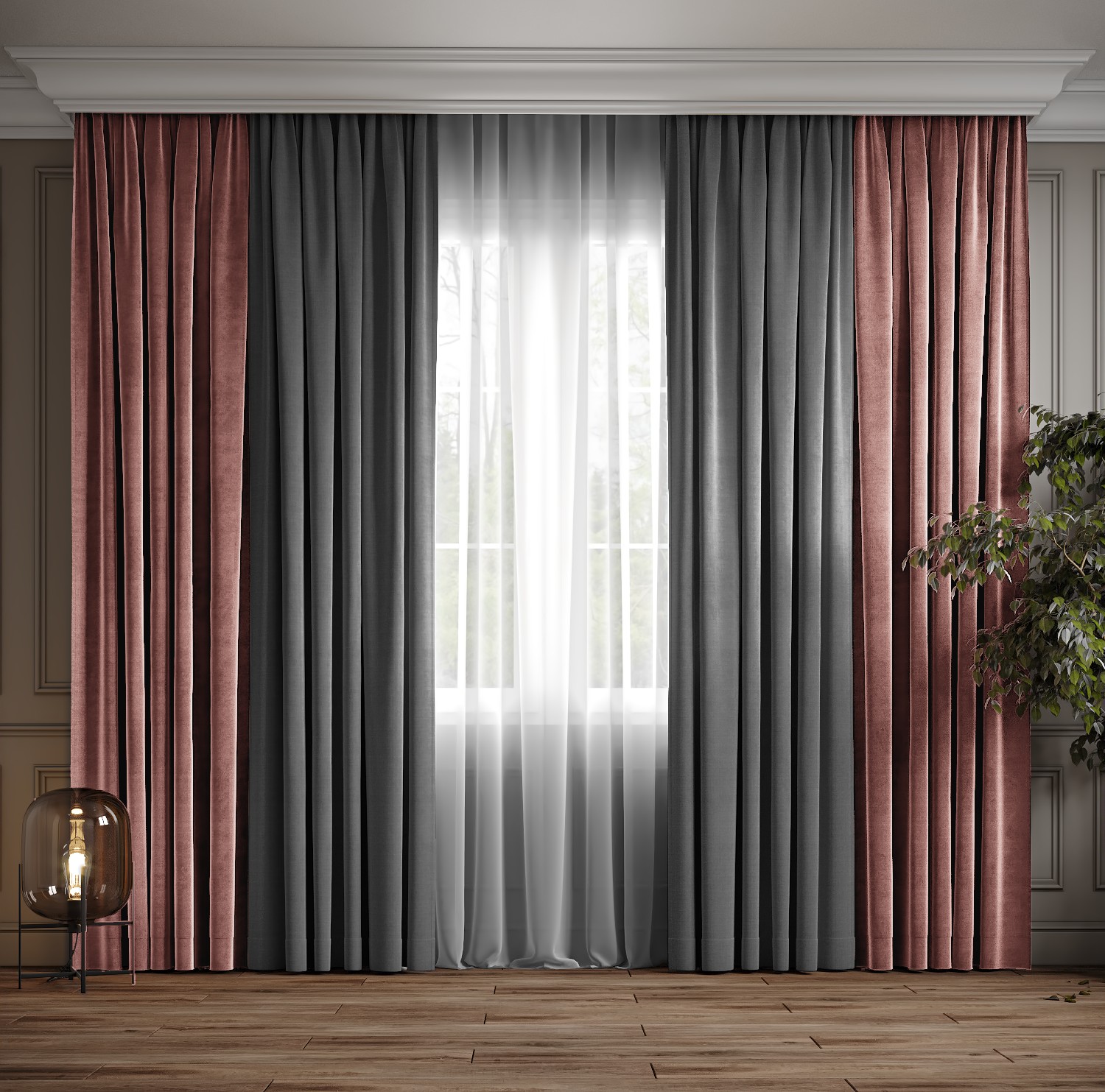 

Комплект двухцветные шторы Ann-Tailor микровелюр Сухая роза с серым 250x270 см 2 шт (213-372)