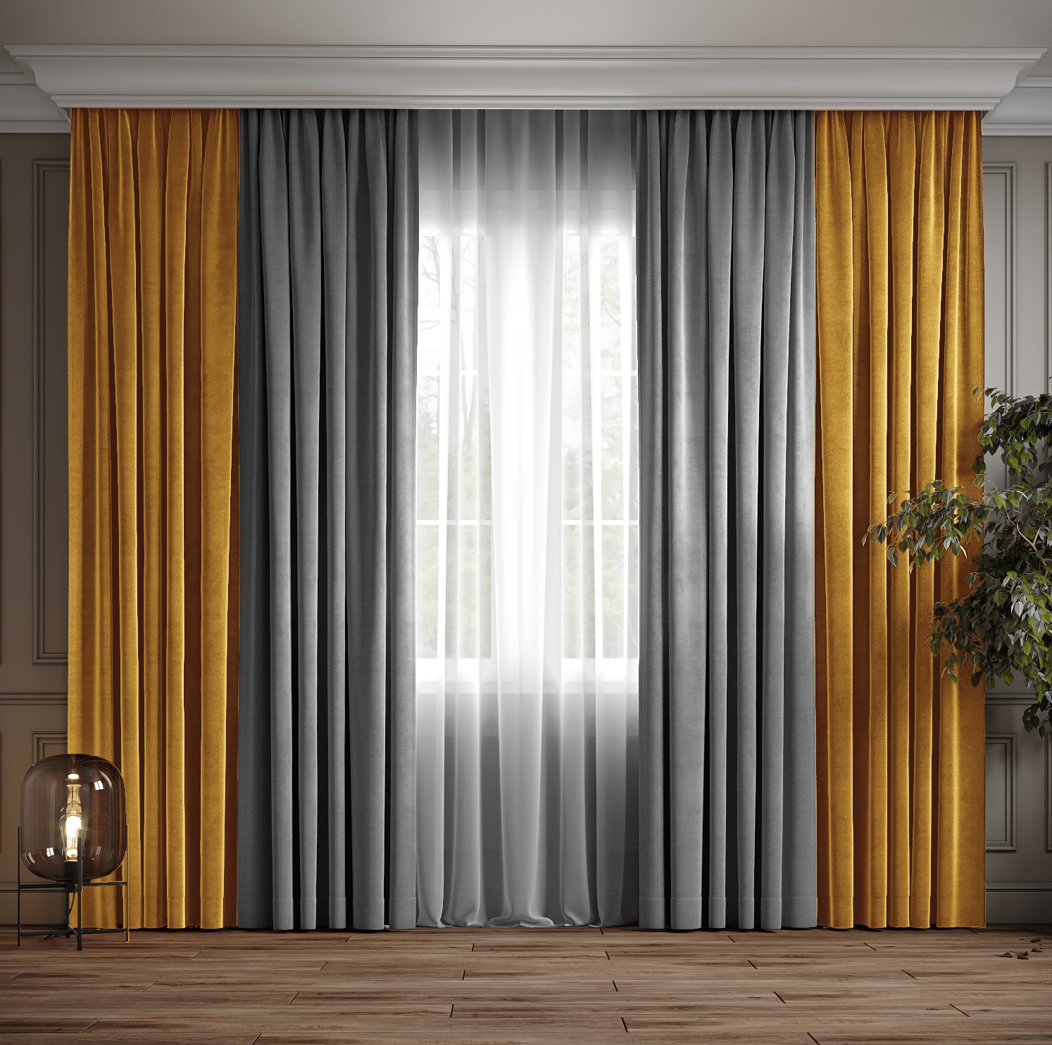 

Комплект двухцветные шторы Ann-Tailor микровелюр Светло серый с желтым 250x270 см 2 шт (371-344)