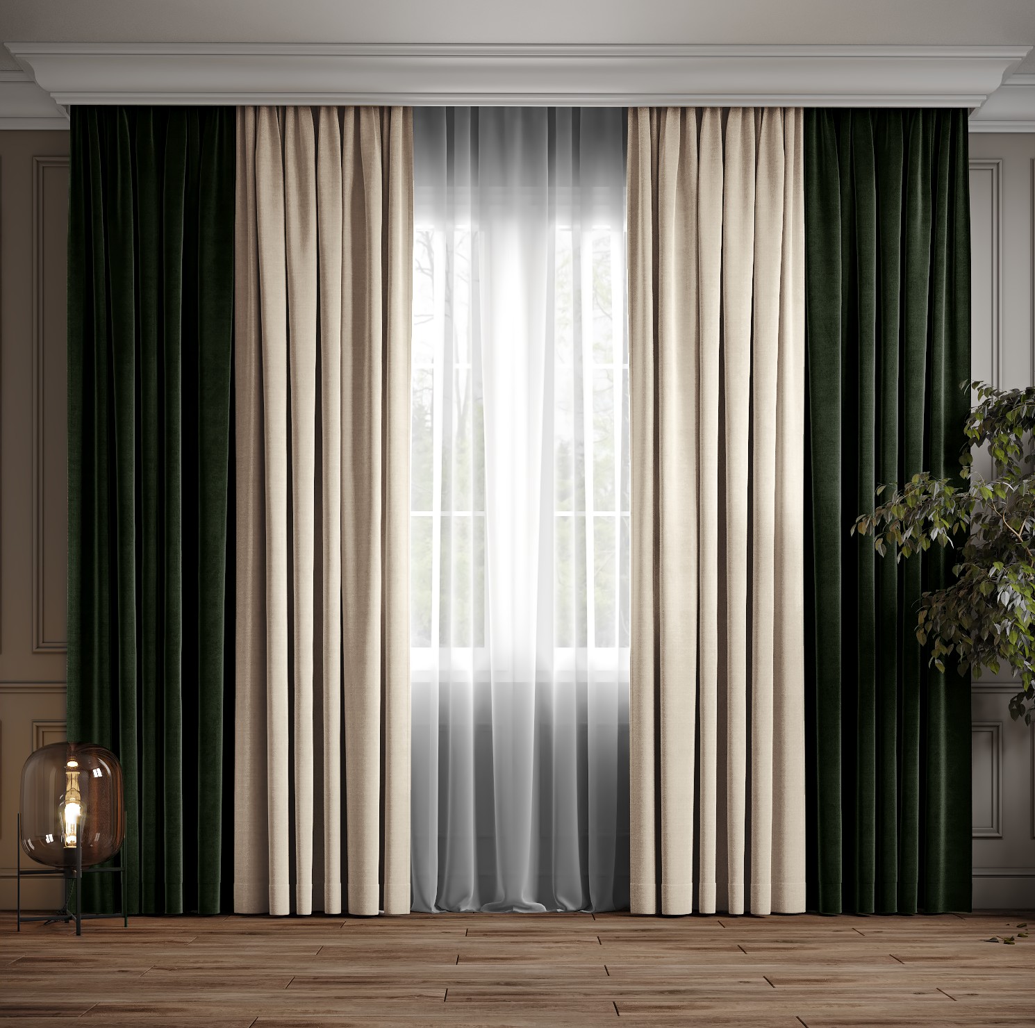 

Комплект двухцветные шторы Ann-Tailor микровелюр Молочный с изумрудным 250x270 см 2 шт (94-588)