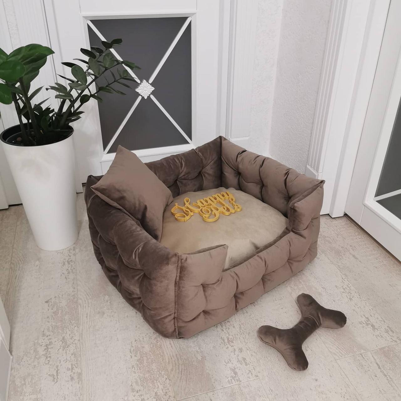 

Лежак с бортами для собак и кошек, 60х50 см, велюр, подушка, игрушка-кость, коричневый