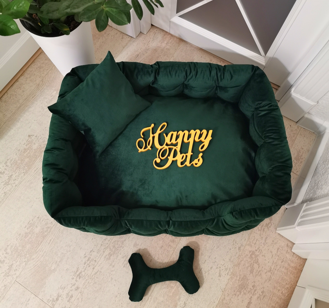 

Лежак с бортами для собак и кошек, 60х50 см, велюр, подушка, игрушка-кость, зеленый