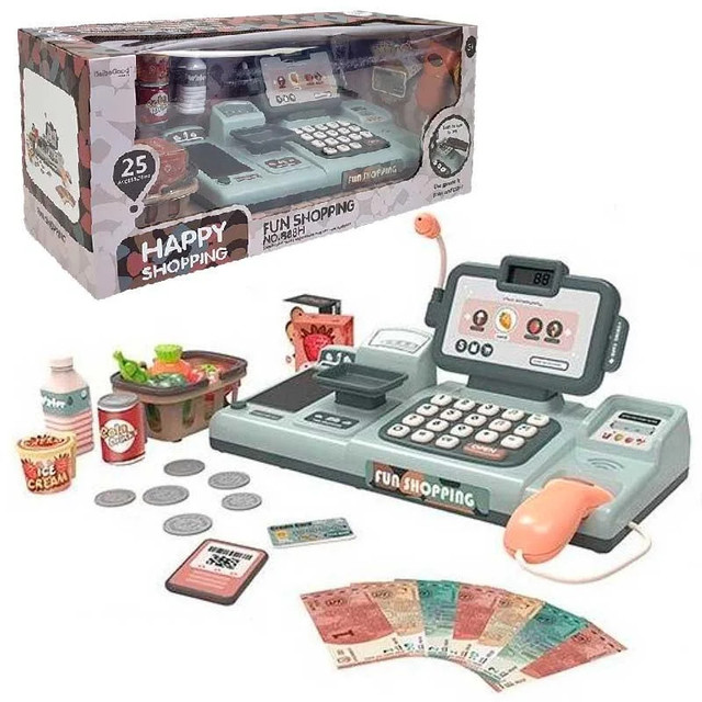 

Детский кассовый аппарат "HAPPY SHOPPING" 888H на 25 предметов (сканер, весы, кассовая лента, 25 мелодий), серый