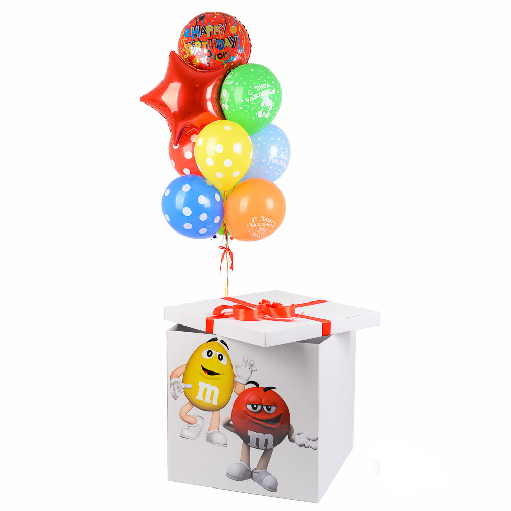 

Коробка белая с наклейкой M & Ms, связка: круг ХБ красный серпантин, звезда красная, 4 слоя в белых горох, 4 с