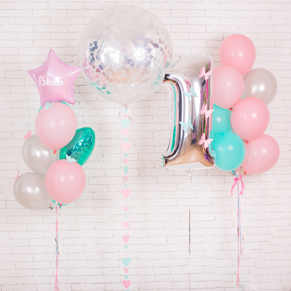 

Детское оформление из шара-гиганта с конфетти, цифры и двух связок