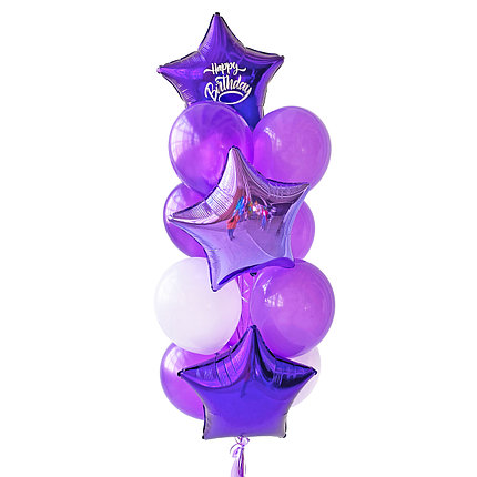

Связка 2 звезды фиолетовые, на одной белая надпись Happy Birthday, звезда лиловая, 4 фиолетовых металлик, 3