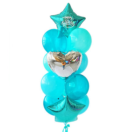 

Связка 2 звезды изумрудные, на одной белая надпись Happy Birthday, сердце серебро, 3 аквамарин декоратор, 4