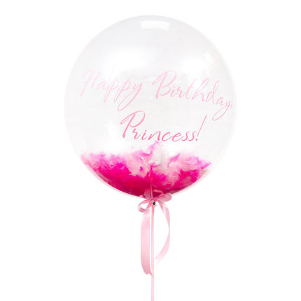 

Прозрачный Шар Bubble с надписью "Happy Birthday Princess" и розовыми перьями