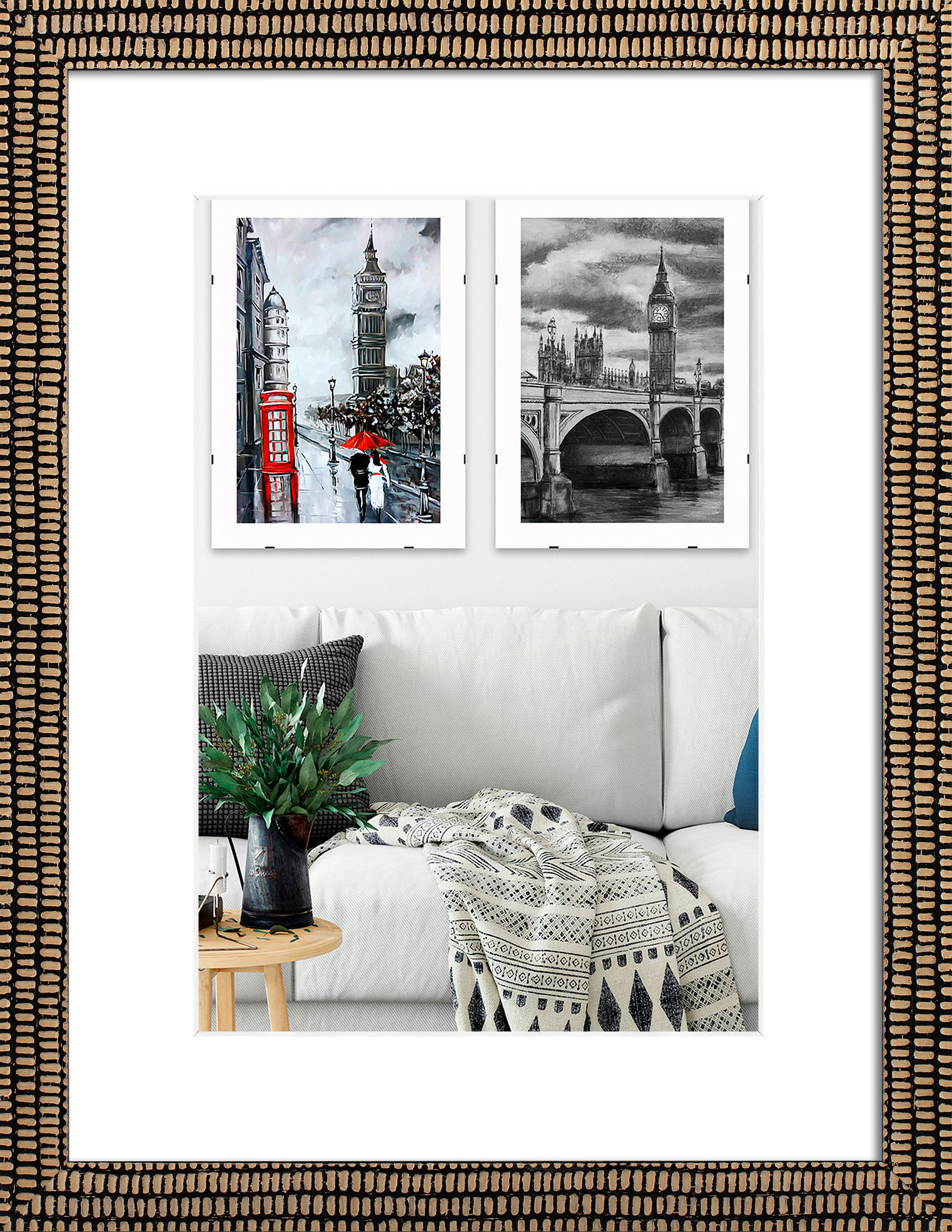 

Фоторамка деревянная 30х40 под фото 20х30 багет: 671-301 Черный с бежевым (антибликовое стекло 2мм, двп, паспарту) EmojiFrame