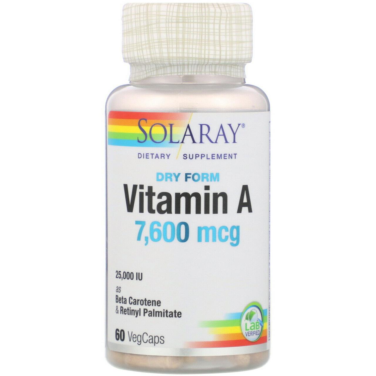 

Витамины и минералы Solaray Dry Form Vitamin A 7.600 мкг 60 вег. капсул (445260)