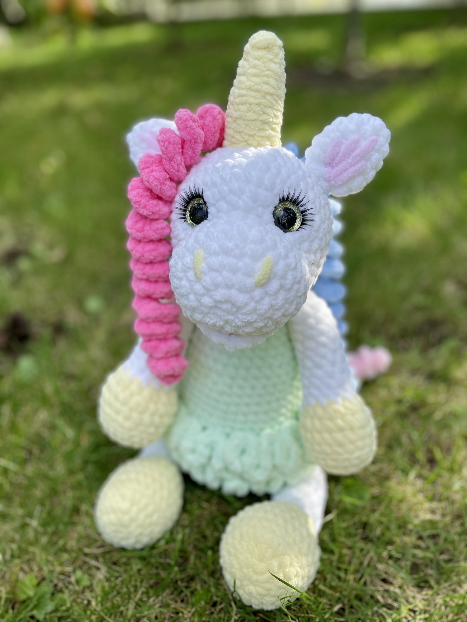 

Hand Made амигуруми Unicorn плюшевая игрушка Единорожка (зеленое платье). Рост 52см
