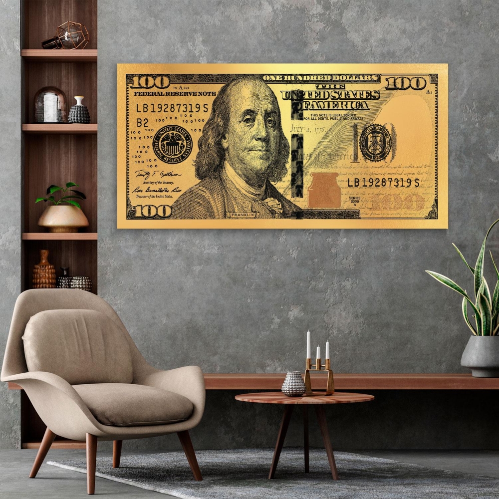 

Картина на холсте Деньги 100$ Gold 40х80 см.