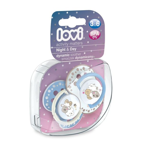 

Пустышка силиконовая динамическая Night & Day Lamb 3-6 мес. для мальчика, 2 шт., LOVI