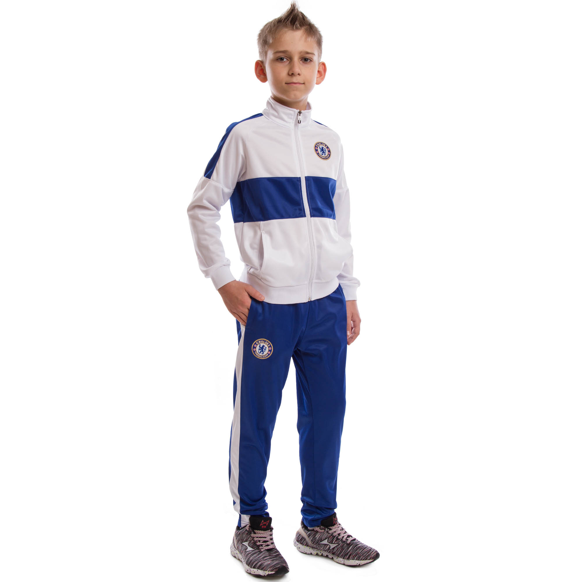 

Костюм спортивный детский Клубный CHELSEA LD-6132K-CH (полиэстер, флис, 28 - рост 135-140 см , белый-синий)