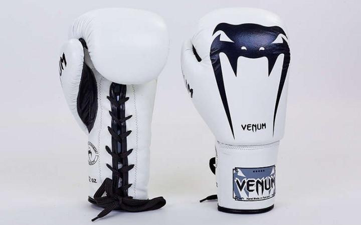 

Перчатки боксерские кожаные на шнурке Venum VL-5786-W вес 14oz Белый