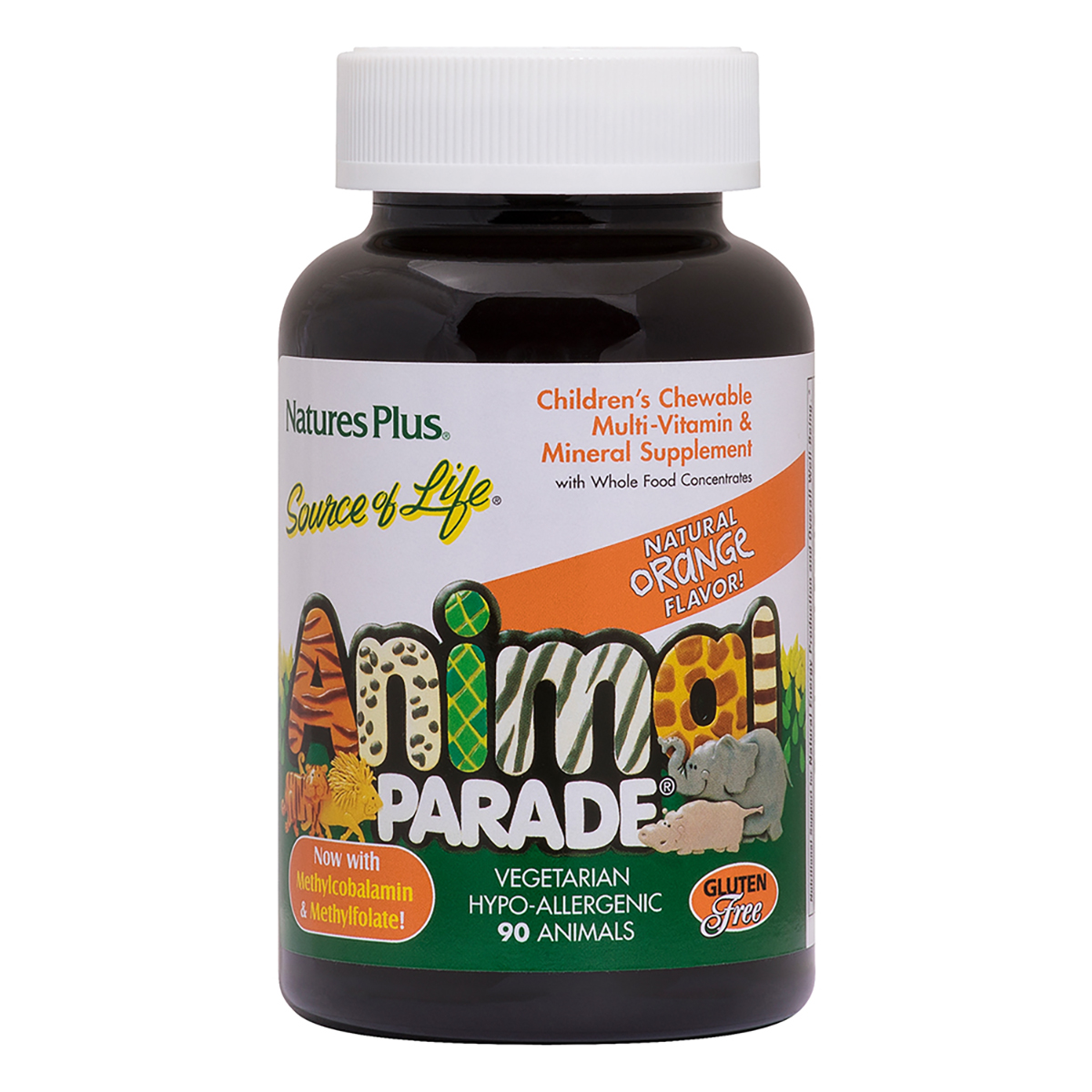 

Детские жевательные мультивитамины, вкус апельсина, Source of Life, Animal Parade, Natures Plus, 90 жевательных таблеток