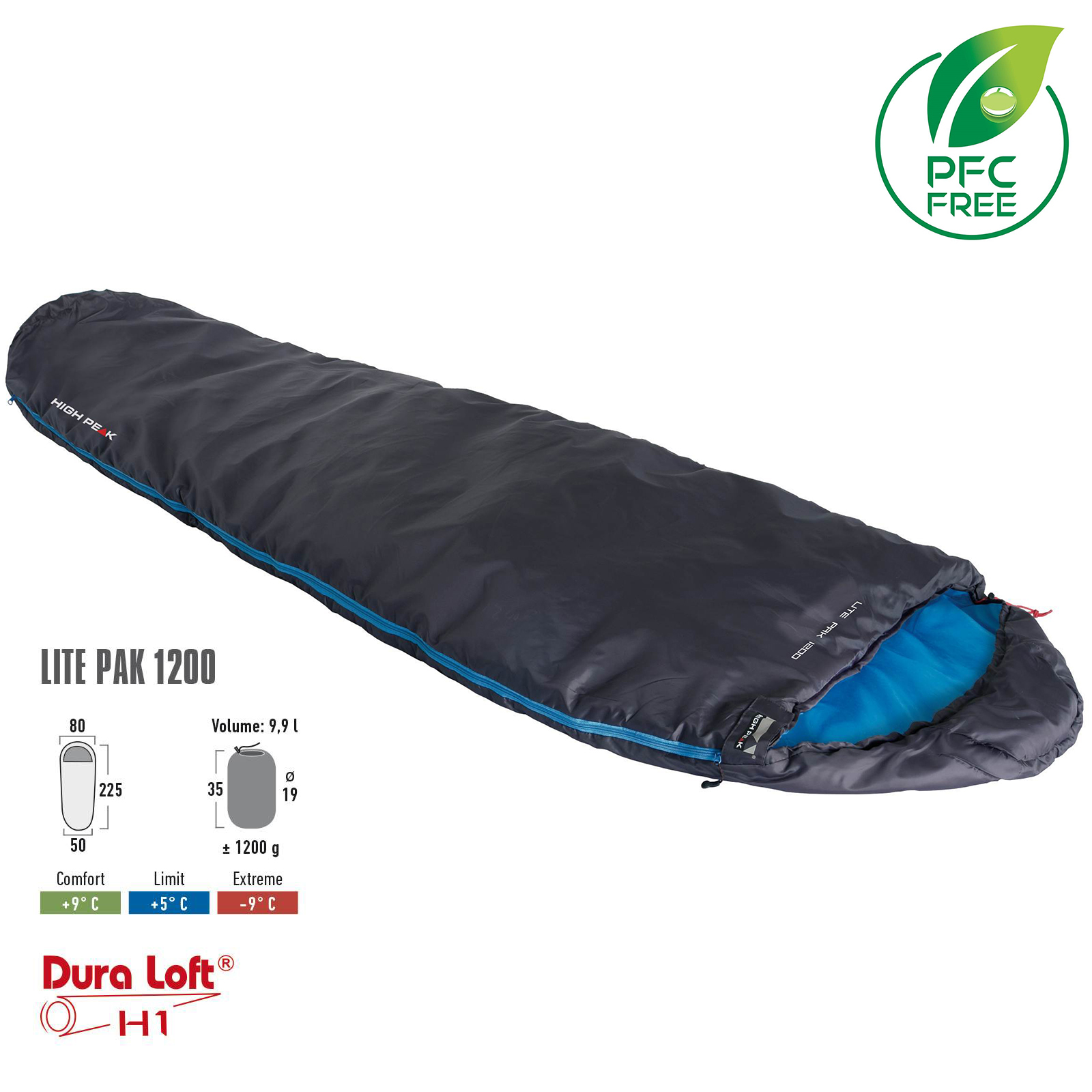 

Спальный мешок High Peak Lite Pak 1200/+5°C Anthra/Blue Left (23277)