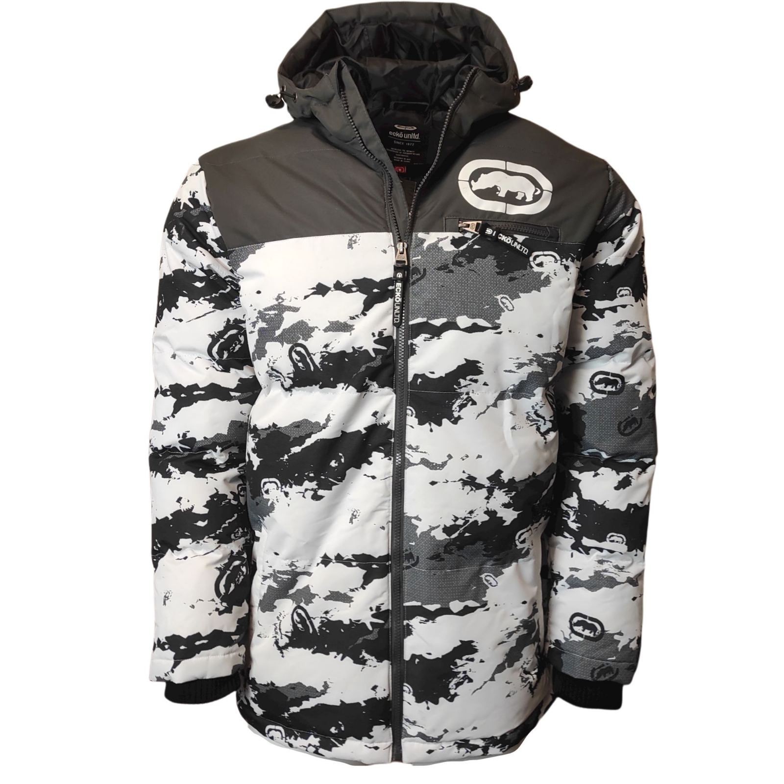 

Куртка мужская Ecko Unltd, с капюшоном и камуфляжным принтом, черно-белый, EO30O196, размер L.