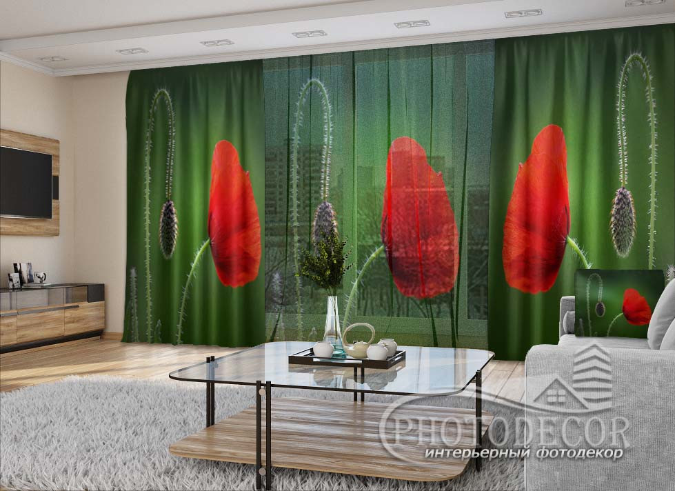

3D - Фото Шторы и тюль PHOTODECOR "Маки на зеленом фоне" (шторы 2,5м*2,9м, тюль 2,5м*3,0м)