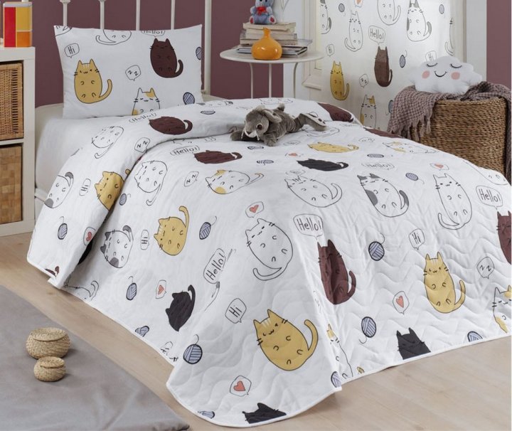 

Покрывало стеганое Eponj Home Hello Cats Beyaz 160х220 с наволочкой 50х70