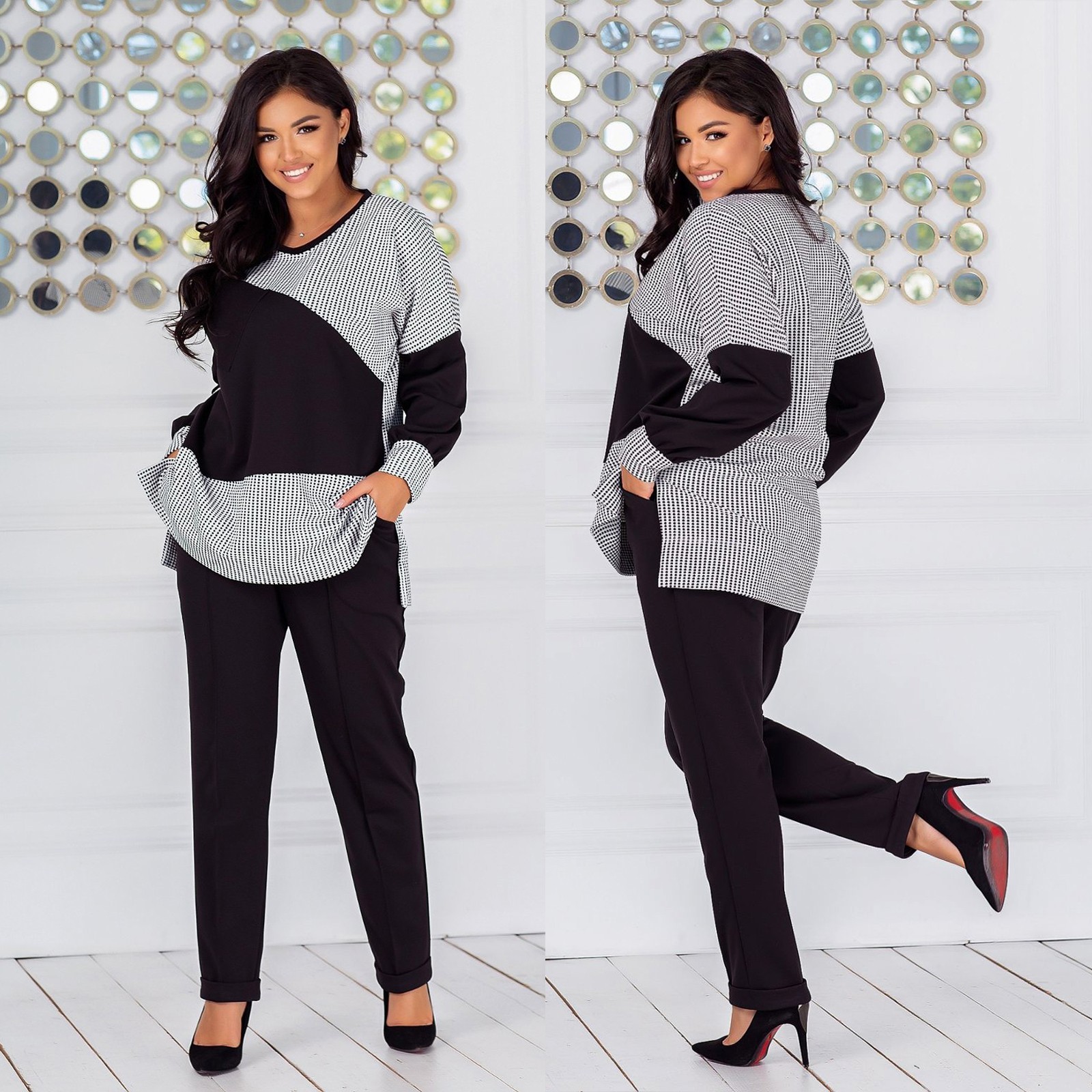 

Тёплый женский брючный костюм 2XL-3XL (-) чёрно-белый, Тёплый женский брючный костюм 2XL-3XL (56-58) чёрно-белый