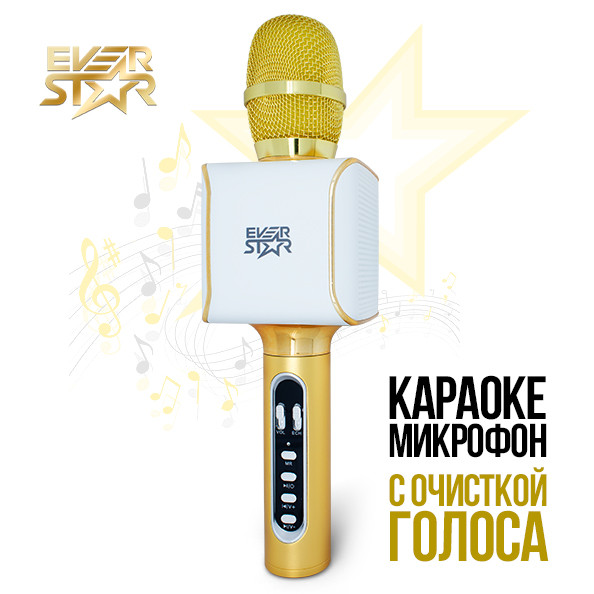

Микрофон караоке EverStar i8 с колонками. Очистка вокала. Беспроводной, Bluetooth. Золотой (2191001)