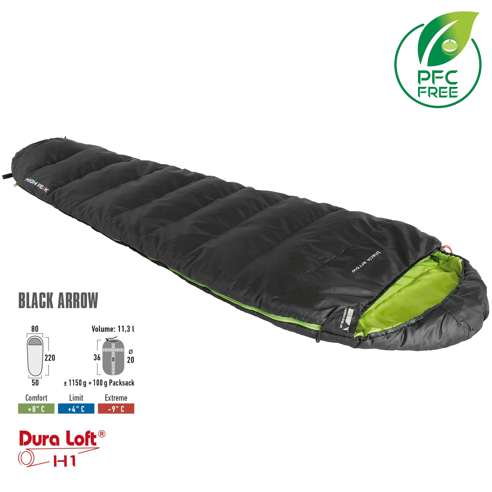 

Спальный мешок High Peak Black Arrow/+4°C Dark Grey/Green Left (23059)