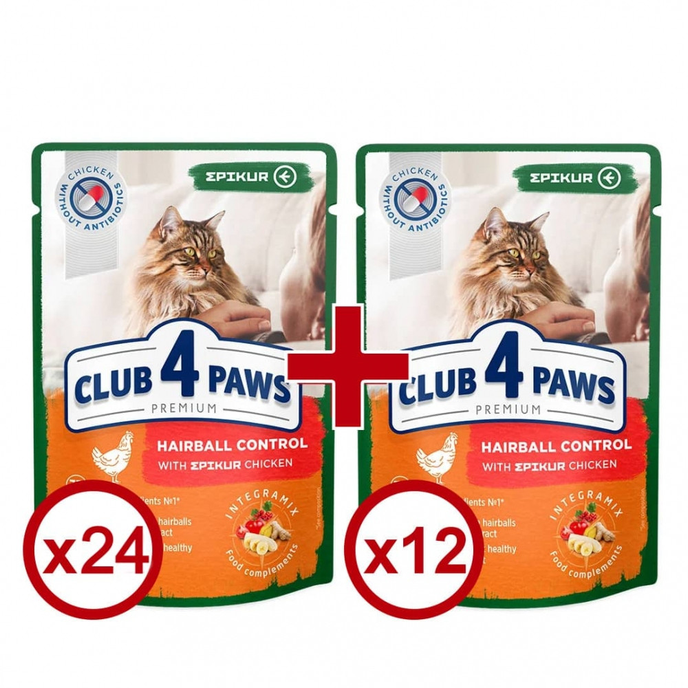 

Клуб 4 лапы Premium Epikur Hairball корм с курицей в соусе для кошек 36шт